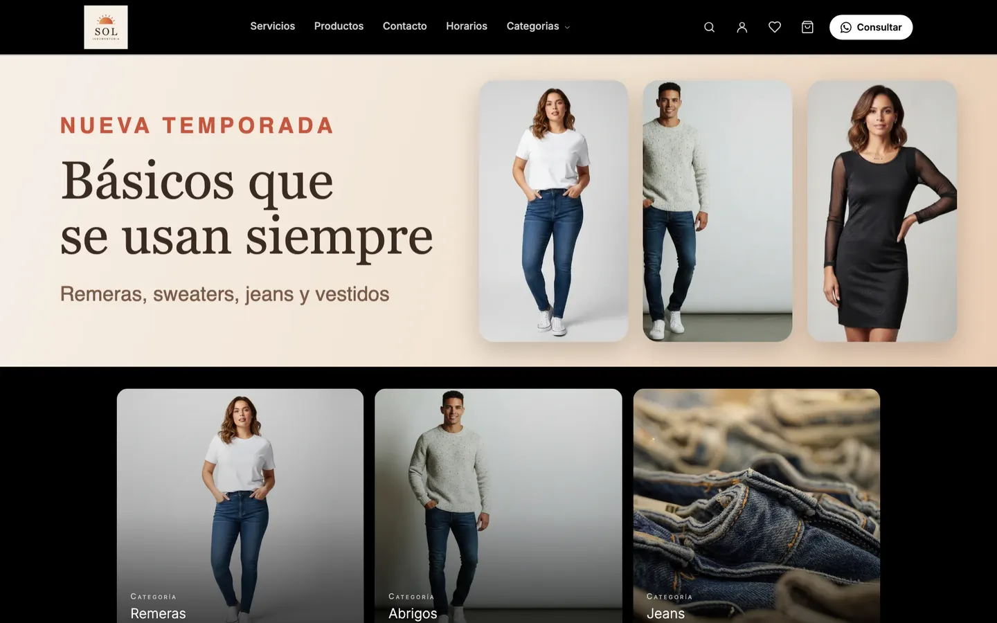 Inicio de Sol Indumentaria, tienda de ejemplo armada con rapilist
