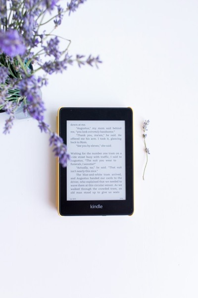Lector de libros electrónicos sobre fondo blanco junto a flores de lavanda
